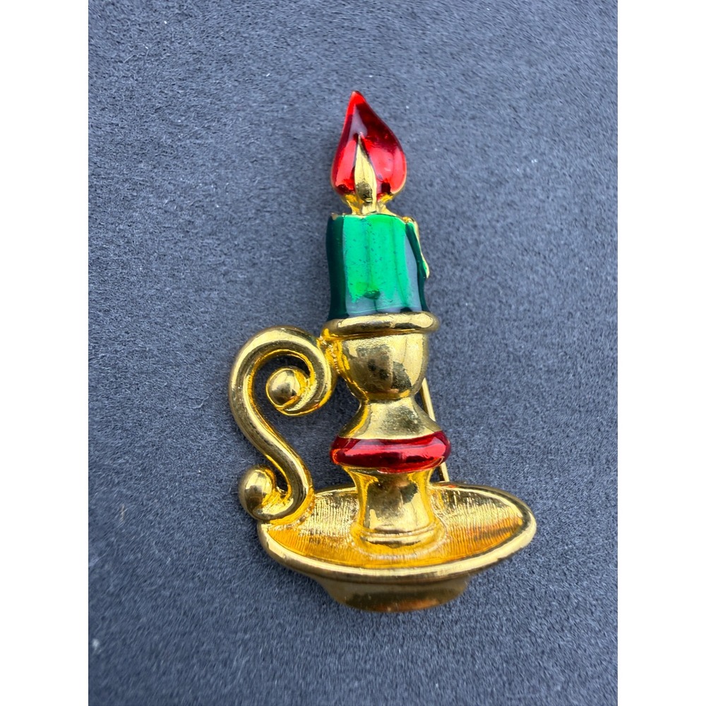 Vero Christmas Candle Brooch Gold Tone Enamel Holiday Pin Retro 80s